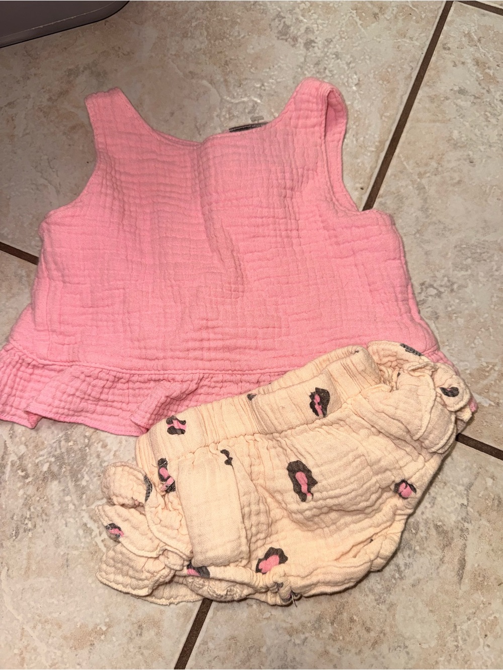 Pink Gauze Tank Top with Cream ruffled Bloomers